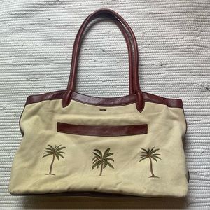 SCALA Tan Canvas Palm Tree Travel Tote | Leather Trim | Large Overnight Bag